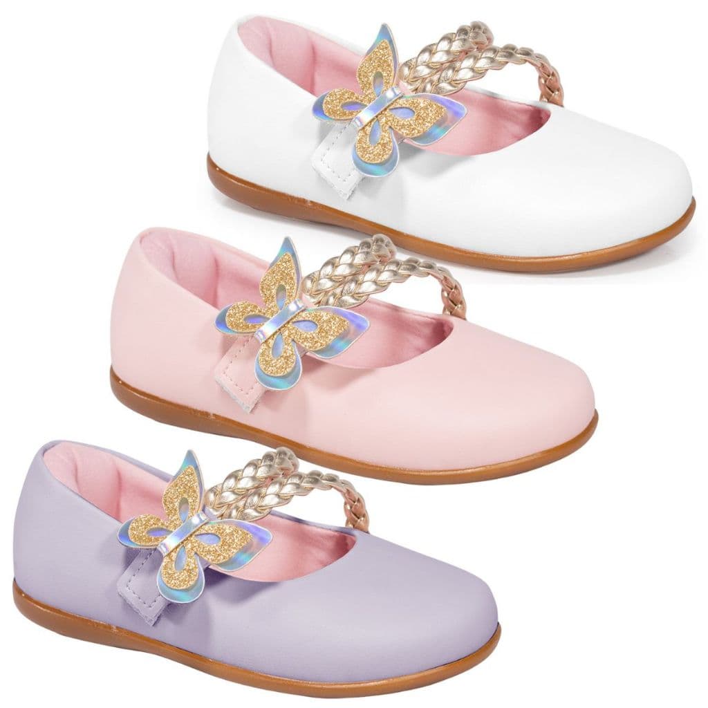 Sapatilha Infantil Feminina Boneca Menina Borboleta Casual Passeio Confortável Branco Rosa e Lilás