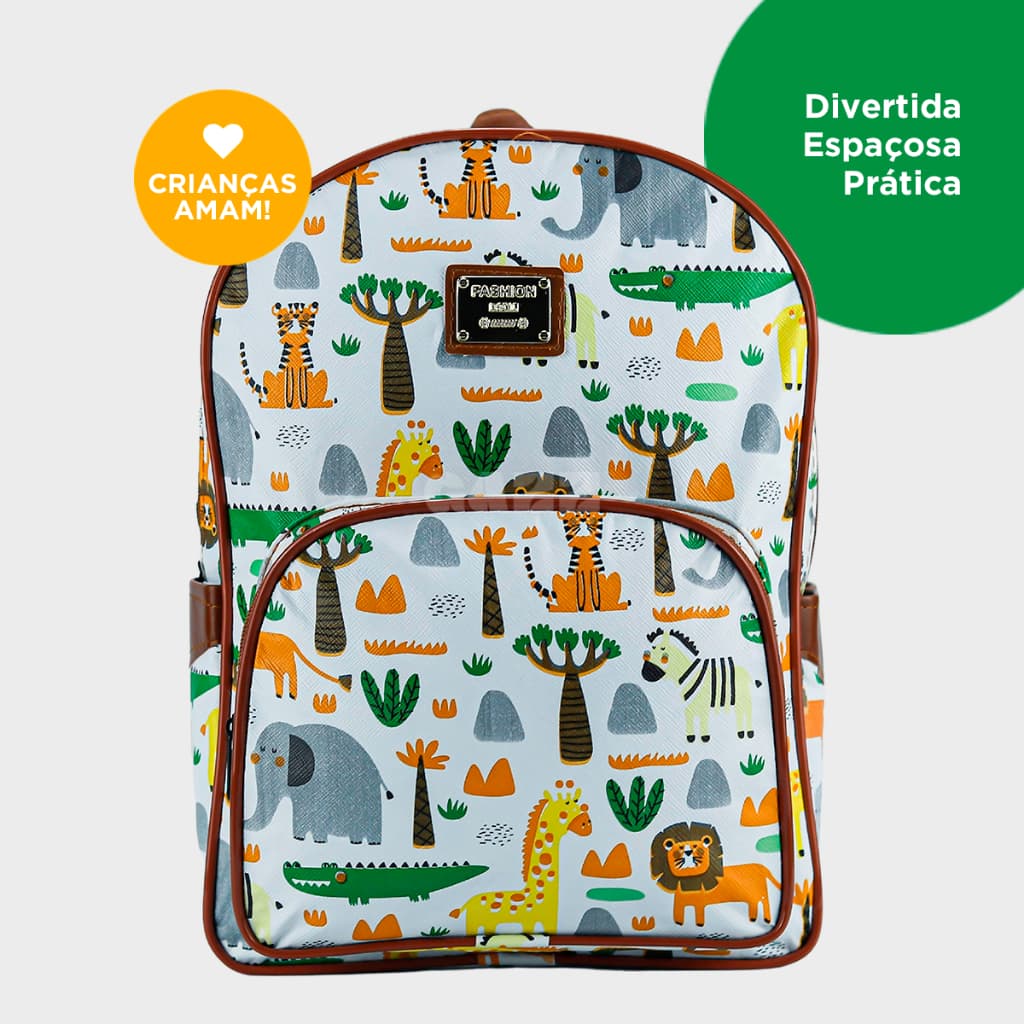 Mochila Maternidade Menino Bolsa de Costas Passeio Creche Escola C/ Desenho Animais Safari