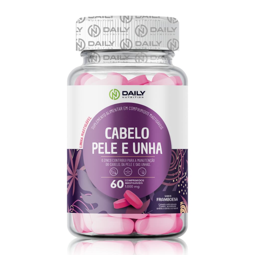 Cabelo, Pele e Unha Mastigável | Vitaminas com Zinco, Biotina e Ácido Hialurônico - Sabor Framboesa