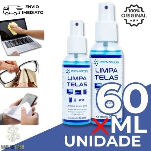 Limpa Telas Clean Implastec 60ML - Para Celular, Monitor, TV e Óculos - Remove Manchas e Anti-Risco