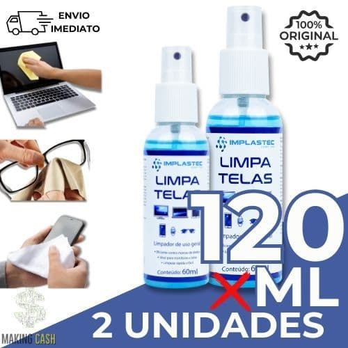 Kit 2 Limpa Telas Clean Implastec 60ML Para Celular, Monitor, TV e Óculos Remove Manchas, Anti-Risco