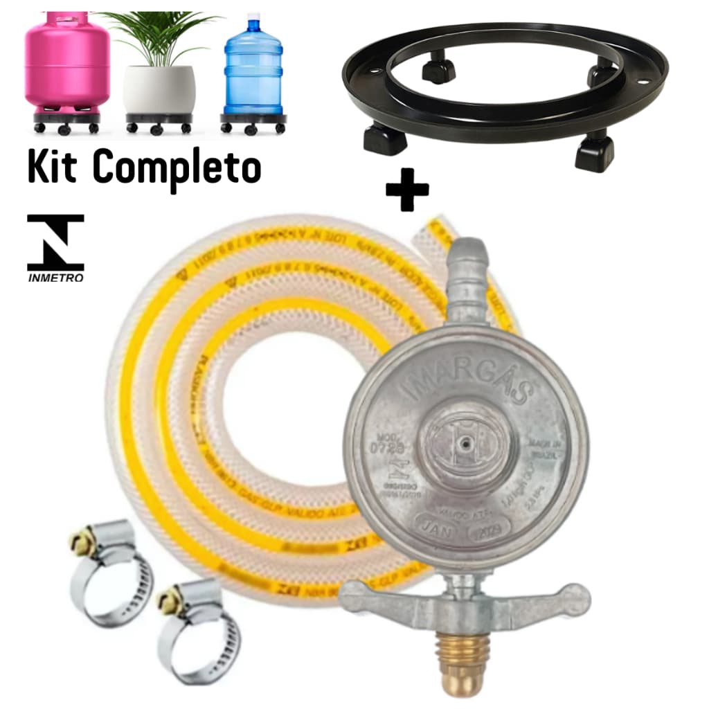 Kit Regulador De Gas Para Cozinha Registro + Mangueira 1.25M + 2 Abraçadeiras + Suporte De Botijão