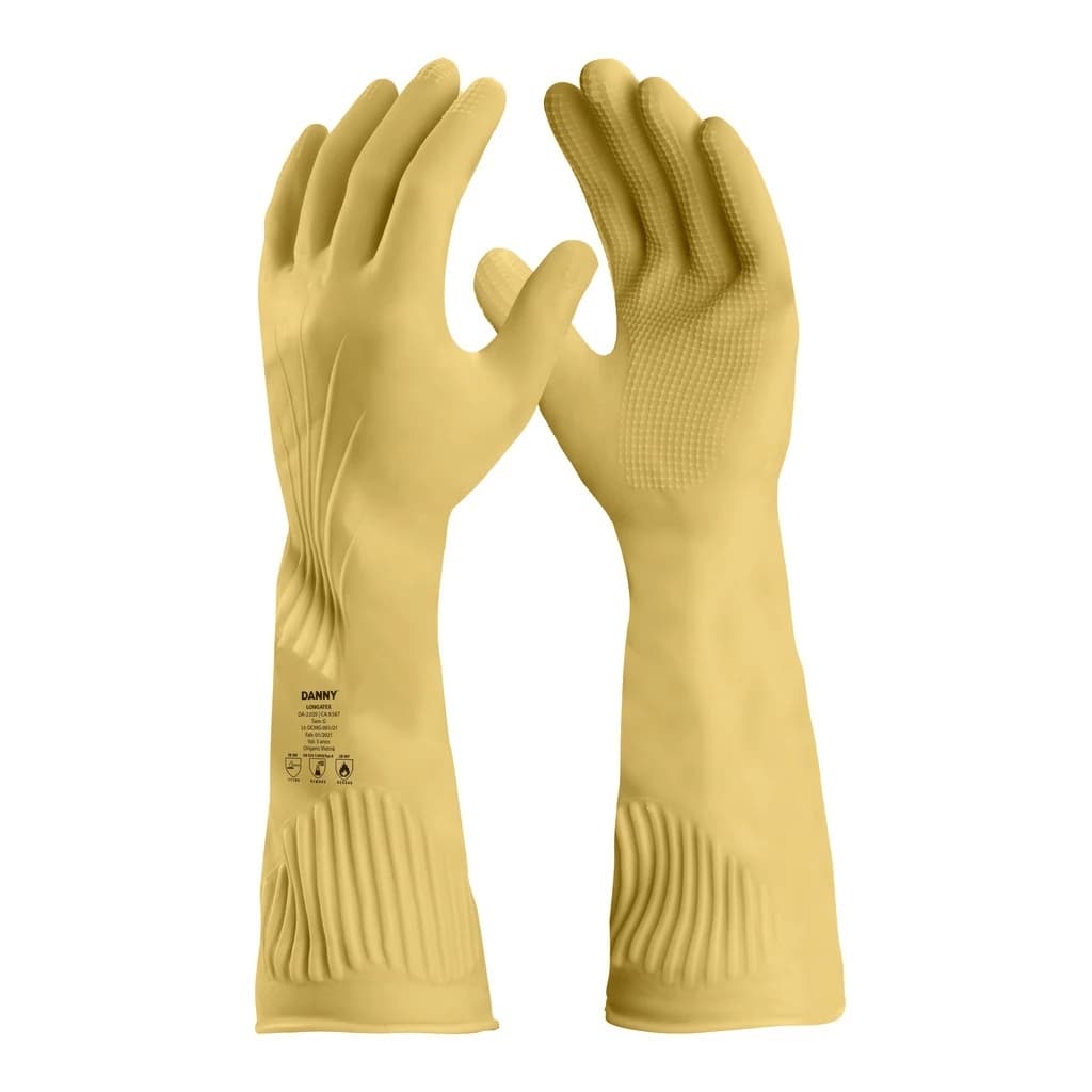 Luva de Látex Longa Ranhurada Segurança Proteção Limpeza Pesada Amarela e Rosa