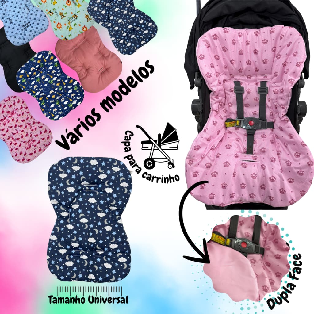 Capa para carrinho de bebê dupla face tamanho universal cores lisas e estampadas