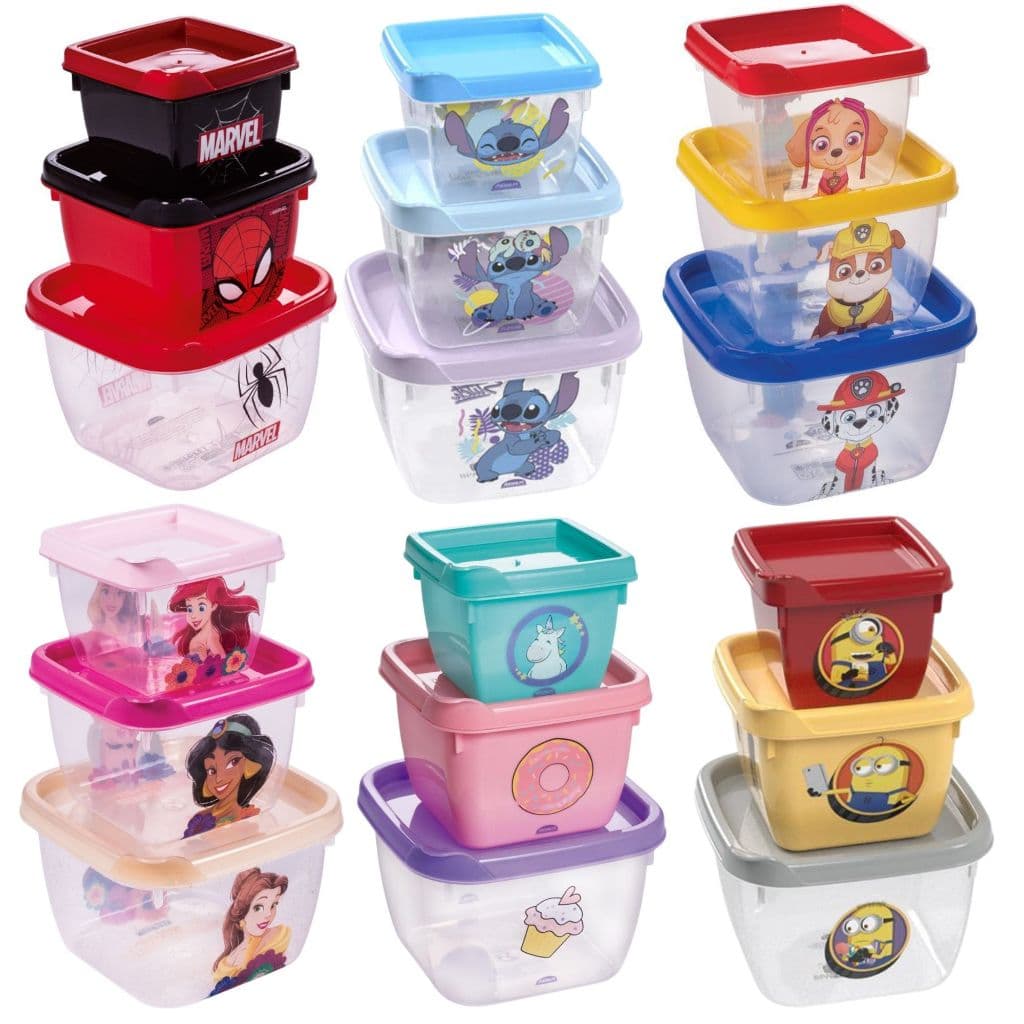 Kit 3 Potes de Plástico Infantil Bebê com Tampa BPA Free Plasútil Disney