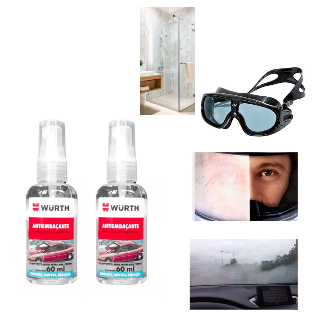 KIT 2 ANTIEMBAÇANTE CAPACETE VISEIRA VIDRO DE CARRO ESPELHO BOX WURTH 60ML
