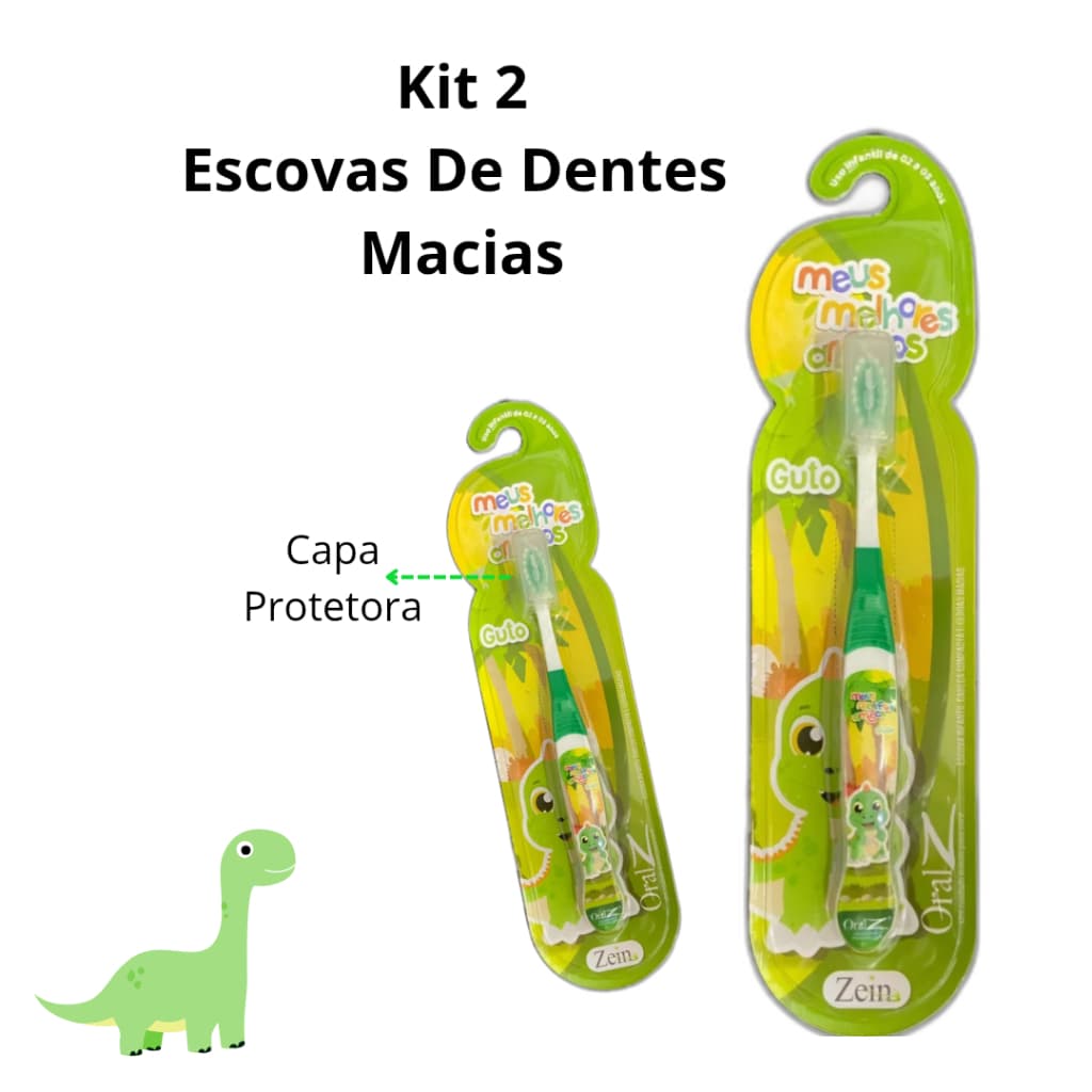 Kit 2 Escova De Dentes Macia  Infantil Criança Dinossauro Verde