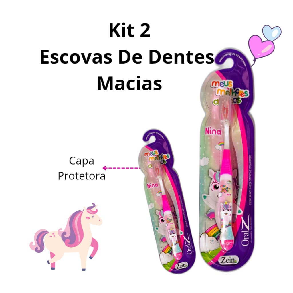 Kit 2 Escovas De Dentes Rosa Macia  Infantil Criança Unicórnio