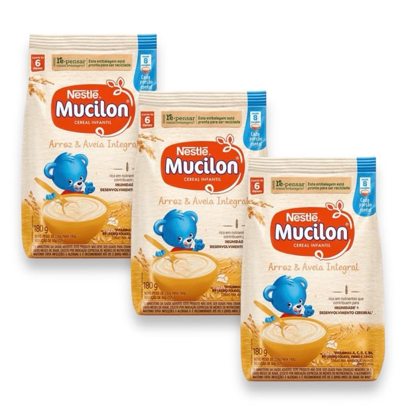 Cereal Infantil Mucilon Arroz e Aveia Integral 180g (12 Pacotes)