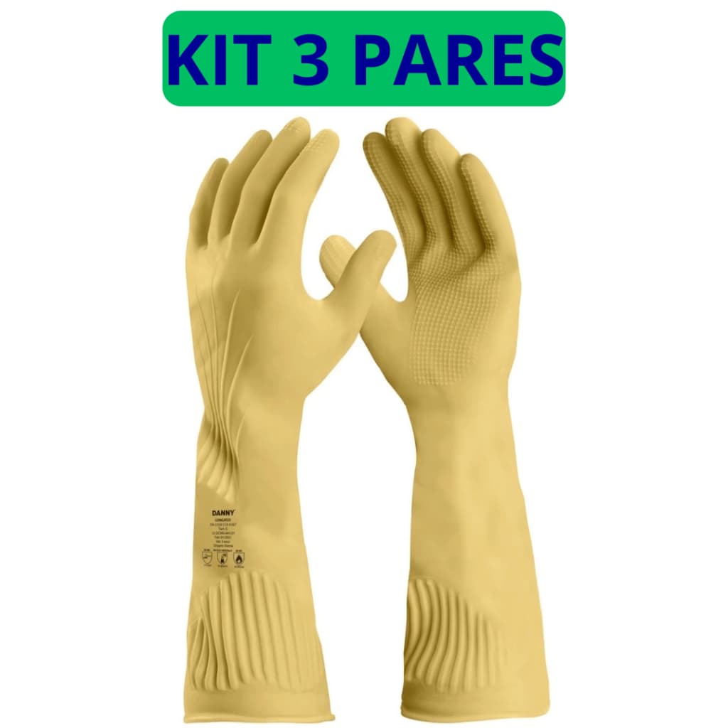 Kit 3 pares de Luvas de Látex Ranhurada Segurança Limpeza Pesada Longatex Puraguard