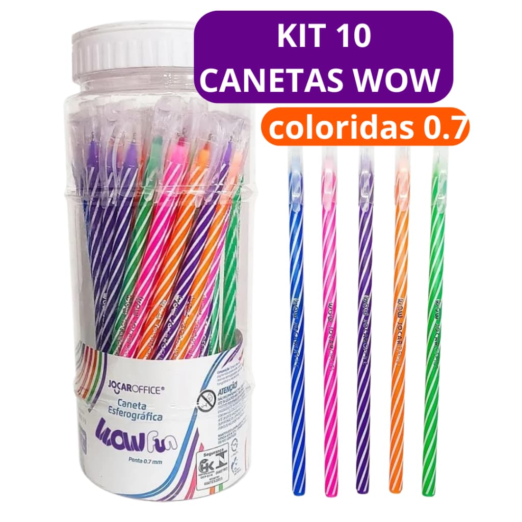 Kit 10 Canetas Esferográficas Wow 0.7mm Coloridas Branco Escolar Escritório Leo&Leo
