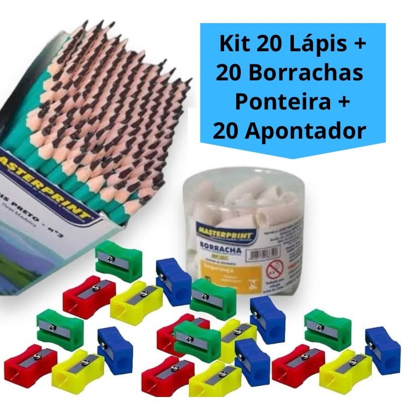 Kit 20 lápis de Escrever Nº2 Preto + 20 Borracha Ponteira Branca + 20 Apontador simples Estudo Escolar Escola