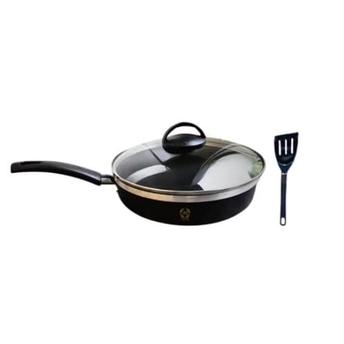 Frigideira Hera 22cm Cor Preta Alta Funda Antiaderente Teflon Tampa de Vidro Espátula Borda Premium