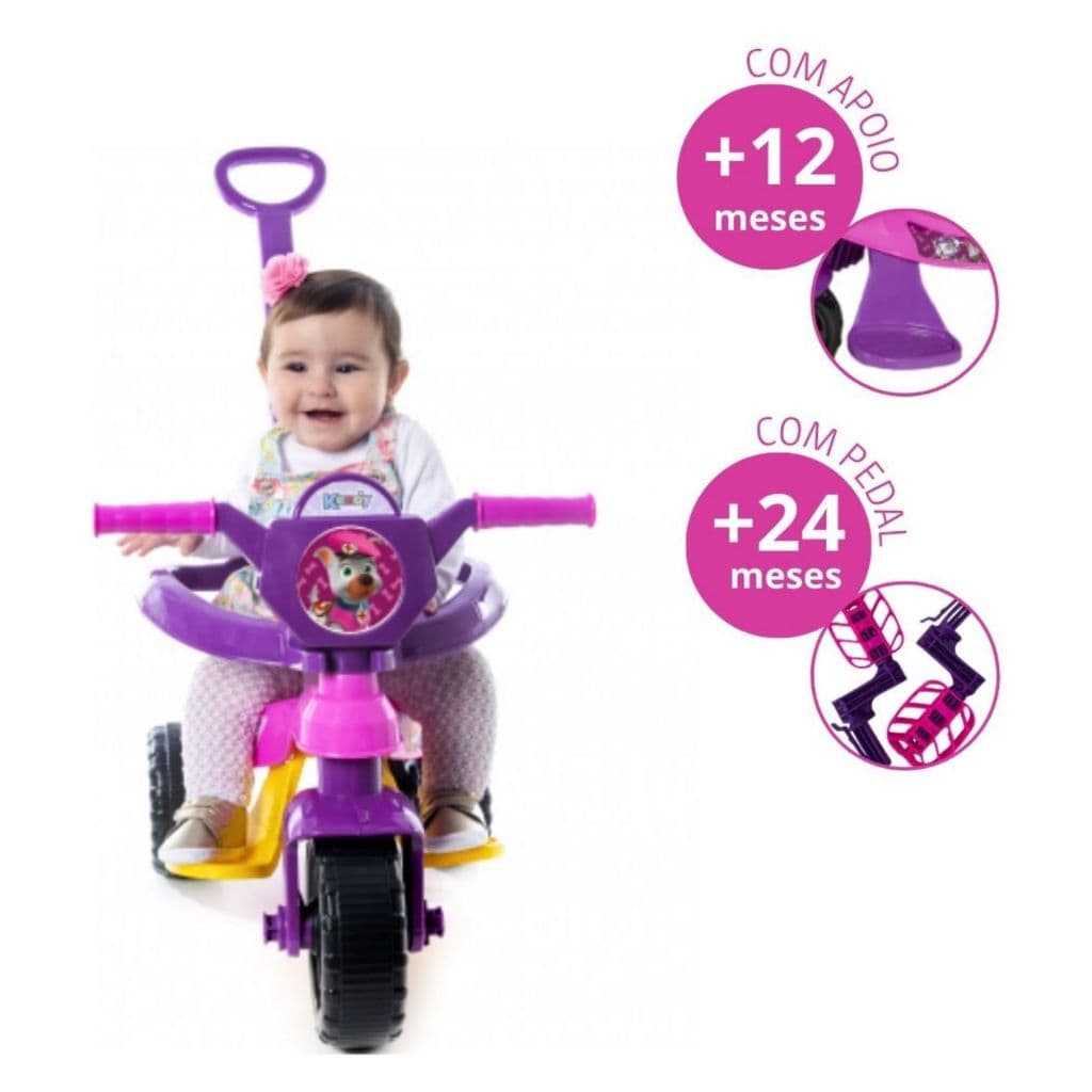 Motoca Triciclo Infantil Kendy Patrulha Canina Empurrador Proteção Lateral Pedal Empurrador