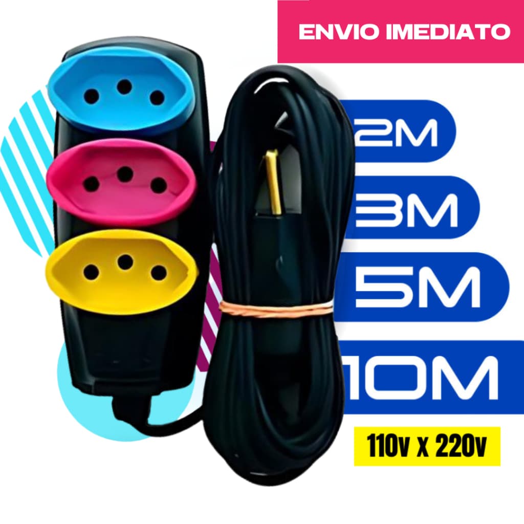 Extensão Elétrica Bivolt (2/3/5/10) Metros - Tomadas Tripolares Coloridas