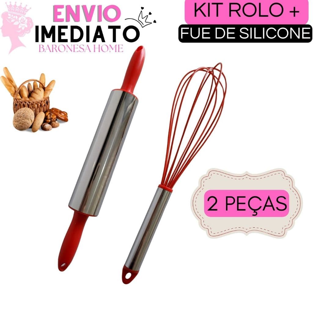 Kit Rolo De Massa + Fuê Batedor de Silicone Rolo De Massa Cilindro Para Pão Pizza Macarrão Fuê Batedor de Ovos Fouet