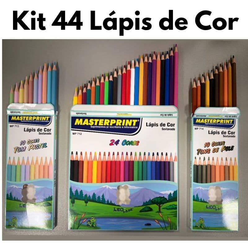 Kit 44 Lápis de Cor (24 CORES + 10 Cores Tom Pastel +10 Cores Tons de Pele) Escolar Sextavado