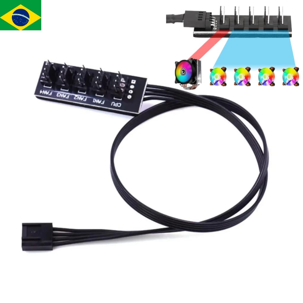 Cabo Multi Fan P/ 5 Coolers Controle Pwm Sleeved Cpu Adaptador 3 E 4 Pinos Hub Splitter Molex 5 em 1