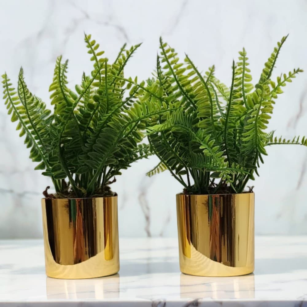 Vaso Conjunto Dourado com Samambaia Artificial Realista – Decoração Moderna