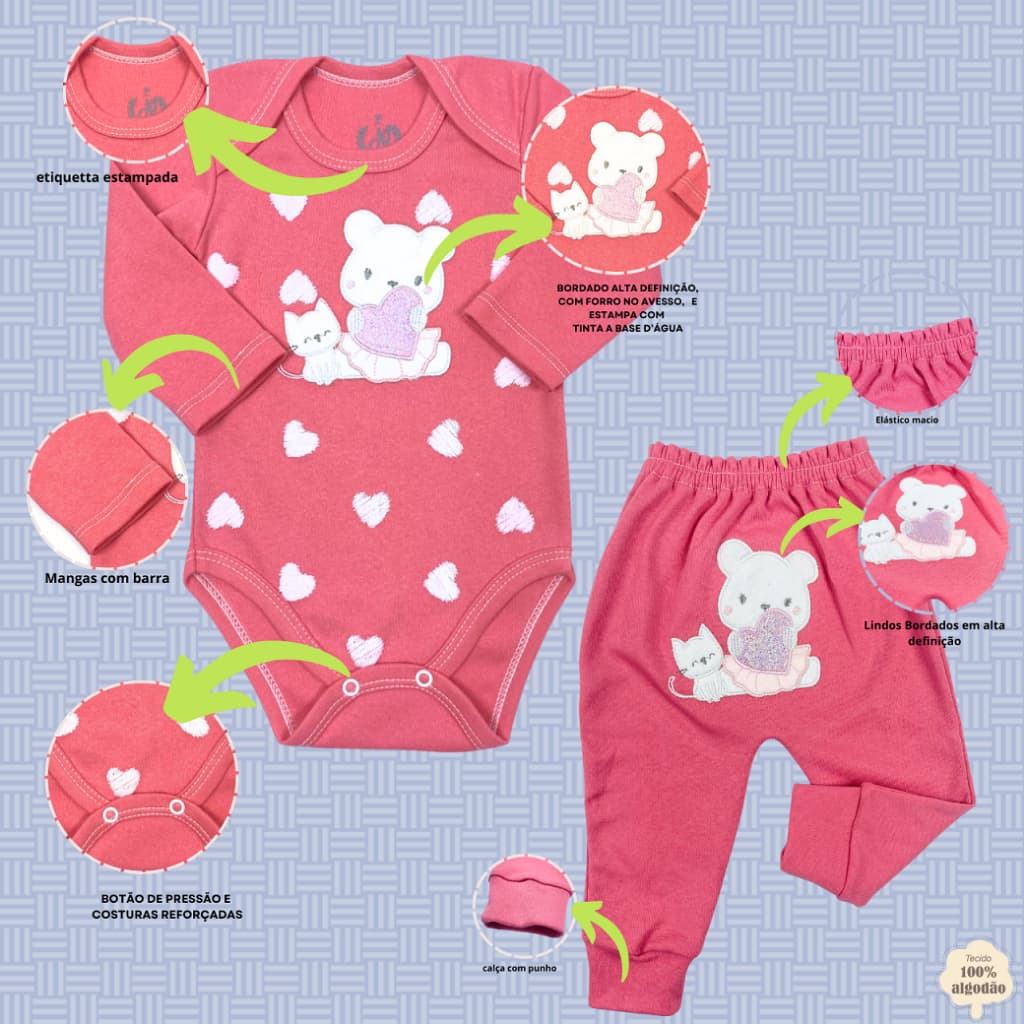 ROUPA DE BEBE CALÇA E BODY BORDADO E ESTAMPADO DE SUEDINE