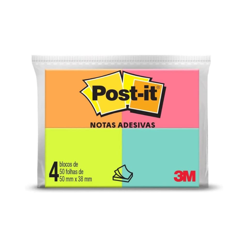 Bloco Adesivo Post-It Tropical 4 Cores Neon - 3M | Papelaria / Material de Escritório