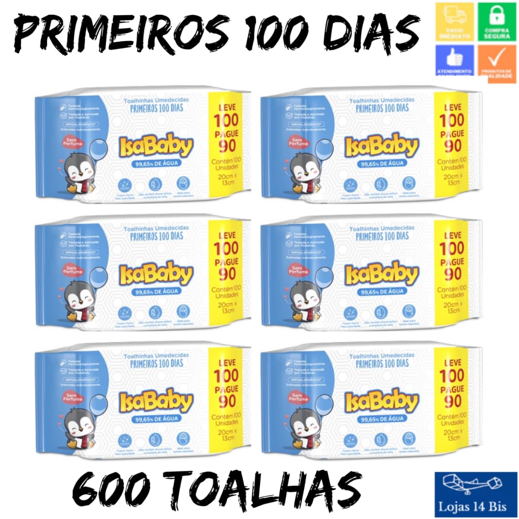 6 Toalhas Umedecidas Lenço Isababy 100 Primeiros Dias c/100 Recém Nascidos