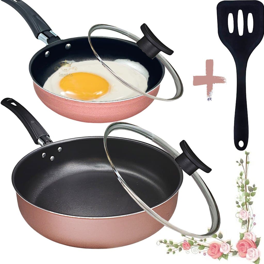 Kit 2 Frigideira Alta 24Cm e 18cm Rosa Com Tampa De Vidro E Espátula Antiaderente 5 Camadas Teflon Funda Grossa