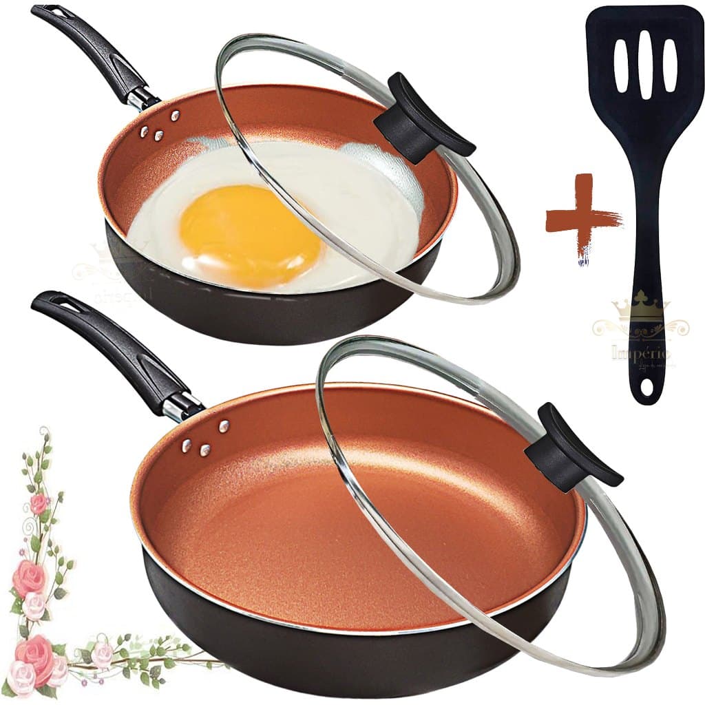 Kit 2 Frigideira Alta 24Cm e 18cm Preto Cobre Com Tampa De Vidro E Espátula Antiaderente 5 Camadas Teflon Funda Grossa