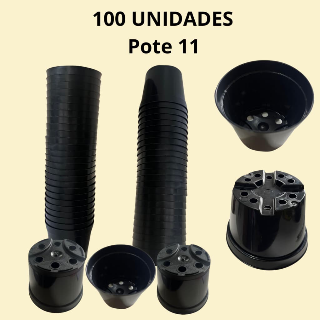 Kit 100 Vasos Pote 11 para Muda/Planta/Suculenta/Violeta/Rosa do Deserto - Cor Preta