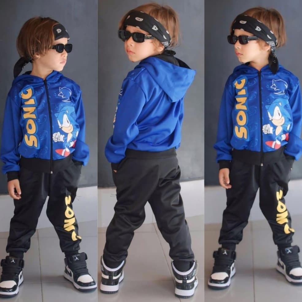 Conjunto de Frio Infantil Menino de Chimpa Sonic Casaco e Calça e Capuz