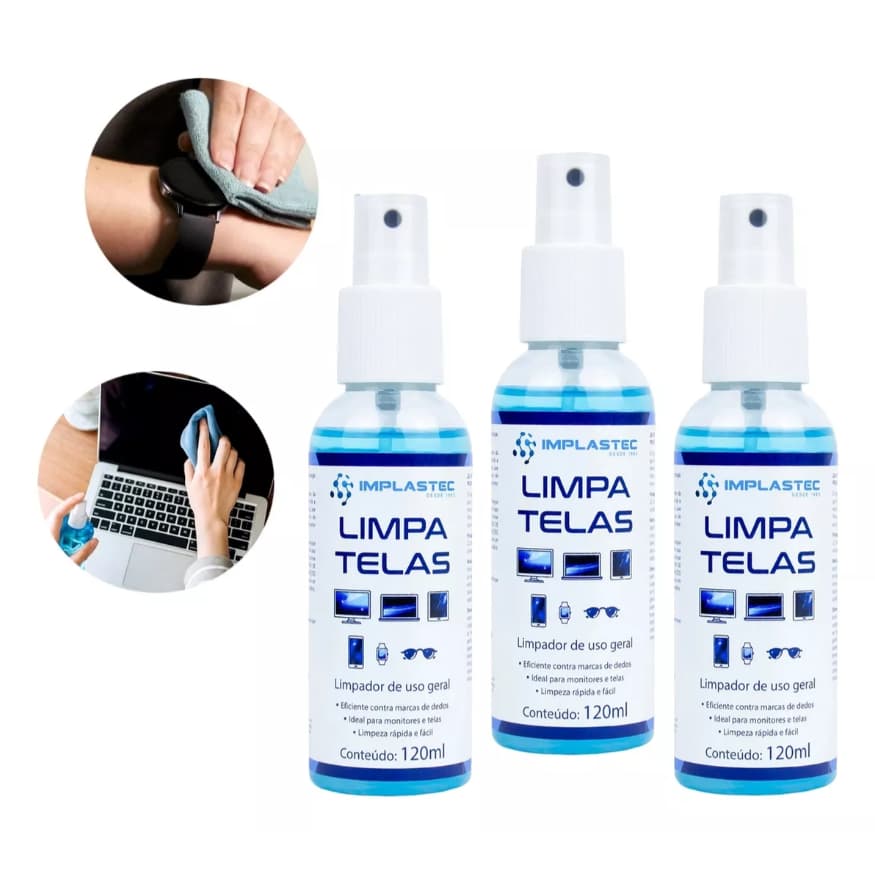 Limpa Tela Implastec Spray 120ml Lentes Tv Smartwatch Celular Tablet Limpador Oculos Remove Mancha