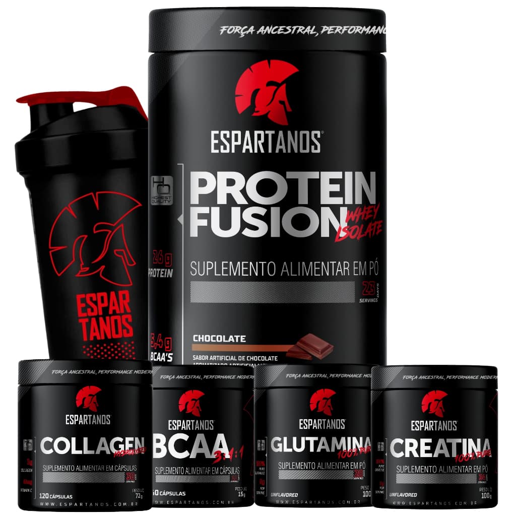 Kit Whey Protein Fusion + Bcaa + Creatina Pura Monohidratada + Glutamina + Colágeno  + Shaker