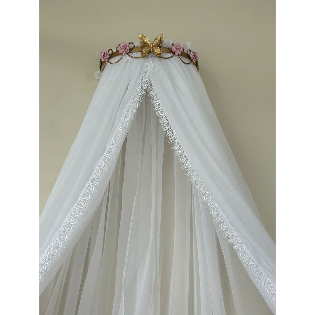 Dossel arabesco Flor e Borboleta Dourada  Mosquiteiro Voil