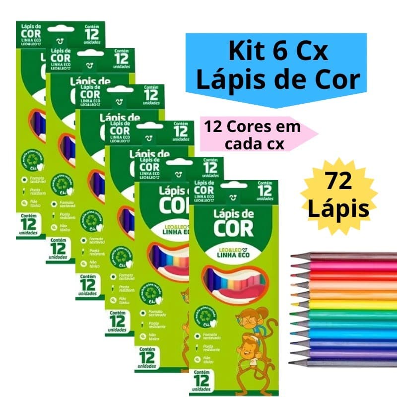 Kit 6 Caixas de Lápis de Cor Caixa com 12 Cores Escolar Sextavado Leo&Leo