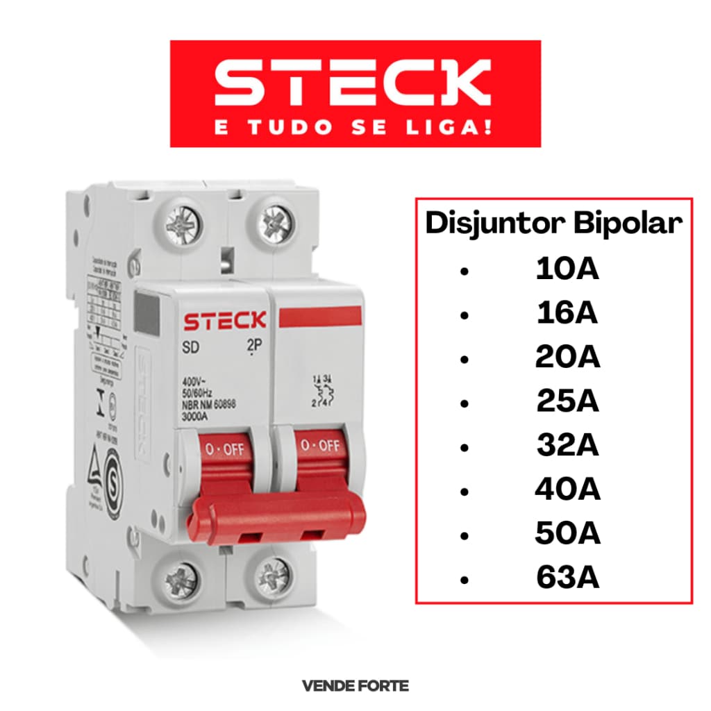 Disjuntor Steck Curva C Bipolar 10a, 16a, 20a, 25a, 32a, 40a, 50a e 63a