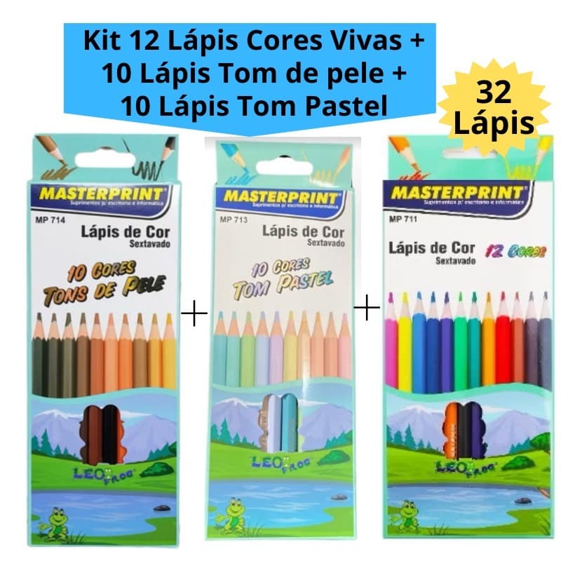 Kit 32 Lápis de Cor (12 CORES + 10 Cores Tom Pastel +10 Cores Tons de Pele) Escolar Sextavado
