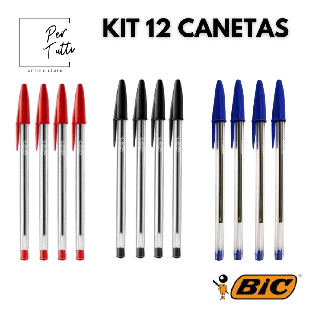 Kit 12 Canetas BIC Azul Preta e Vermelha Caneta Esferográfica Ponta Média