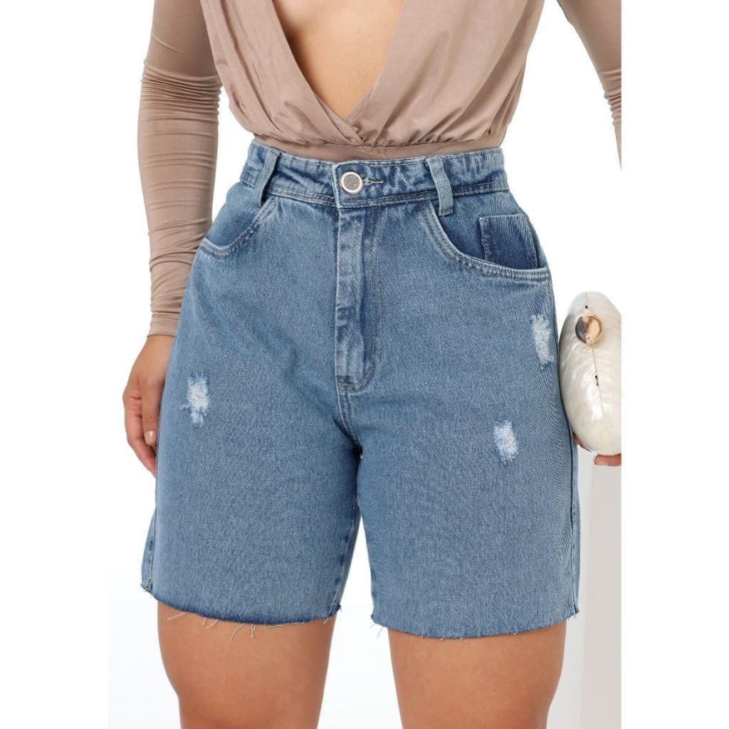 Bermuda Jeans Short Feminino Cintura Alta Destroid