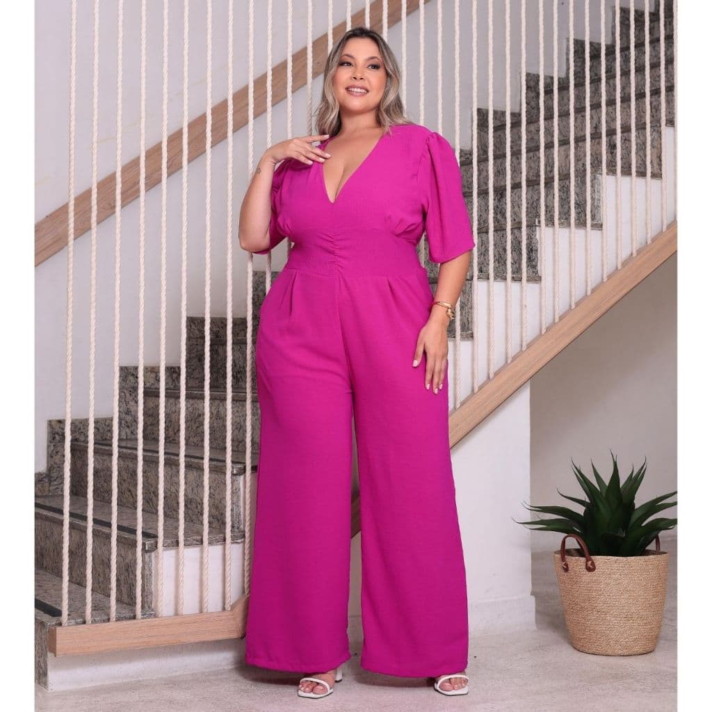 macacão Longo feminino plus size  pantalona casual manga curta tendencia
