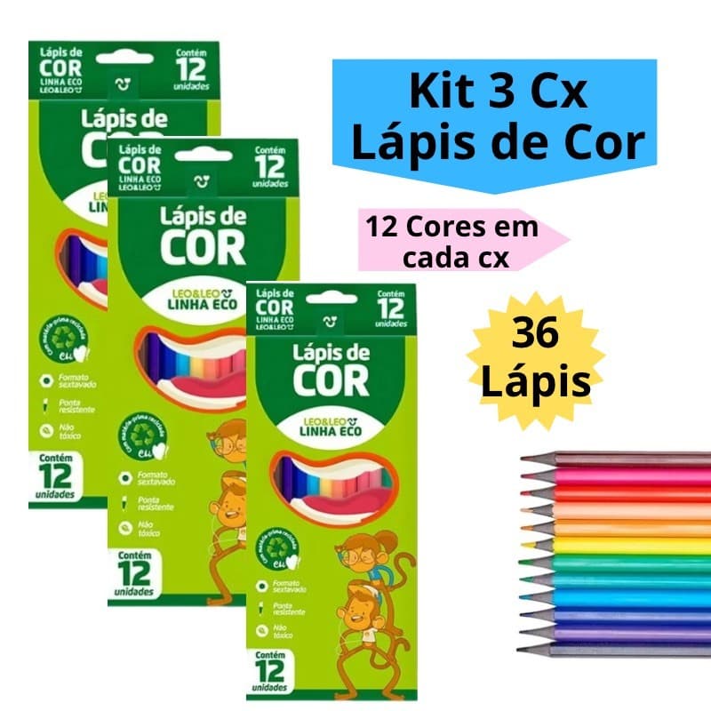 Kit 3 Caixas de Lápis de Cor Caixa com 12 Cores Escolar Sextavado Leo&Leo