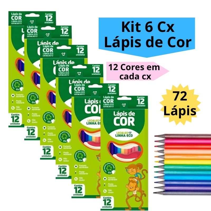 Kit 6 Caixas de Lápis de Cor Caixa com 12 Cores Escolar Sextavado Leo&Leo