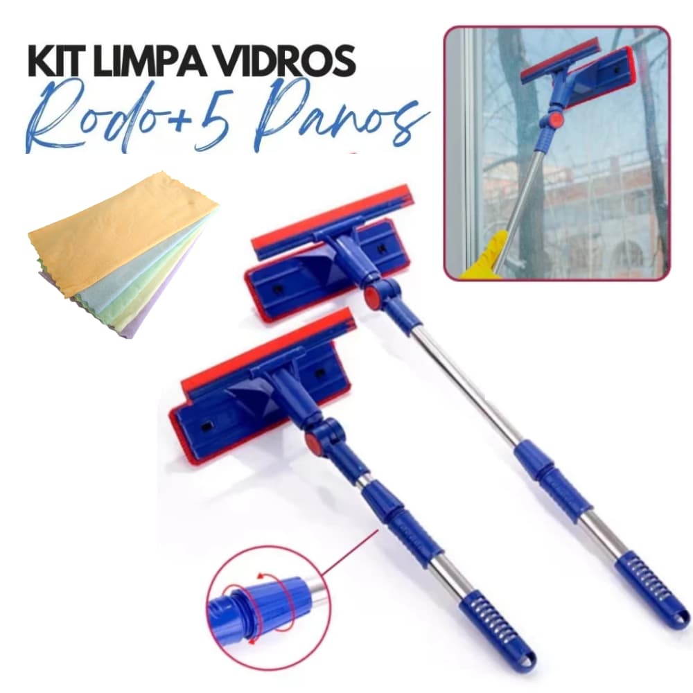 Kit Rodo Mágico Limpa Vidro E Janelas Extensível Esponja 2 Em 1 + 5 Panos de Limpeza