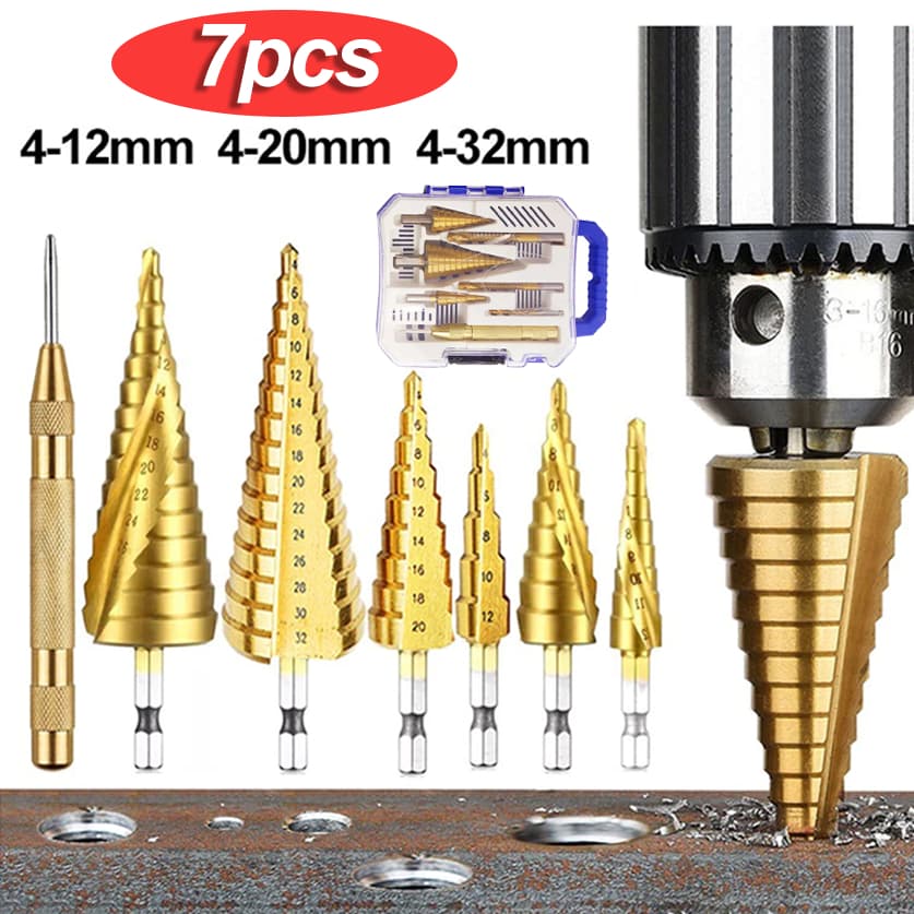 Broca Titânio Escalonada Amarela Aço / Broca Corte Lateral Marcador Punção Com Estojo Organizador P/Metal Aluminio Cobre
