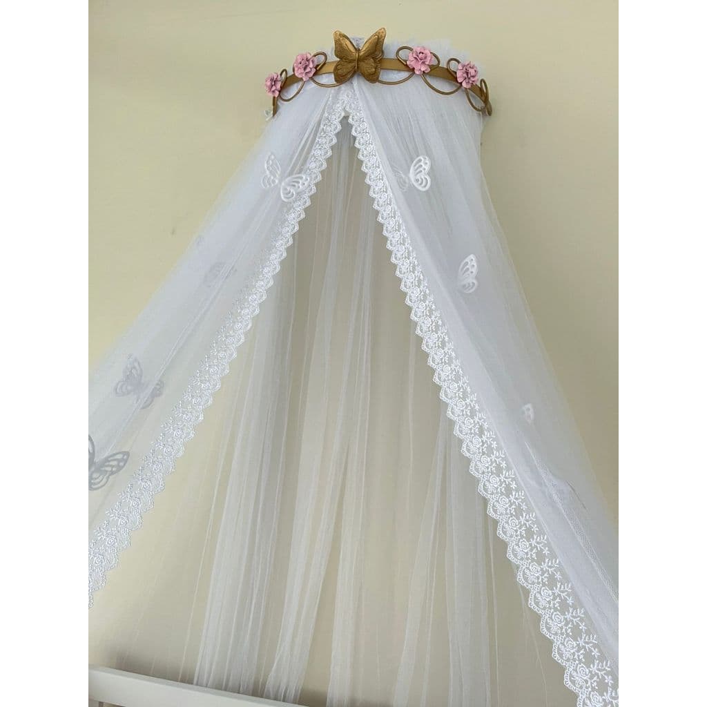 Dossel Arabesco Flor Borboleta Dourada e Mosquiteiro tule Borboletas