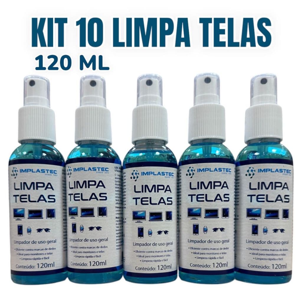 KIT 10 Limpa Telas Tira Manchas Poeira Monitor Celular Tv Notebooks Tablet 120ml Implastec Limpador Lentes