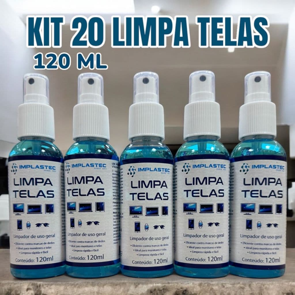 KIT 20 Limpa Tela Implastec Spray 120ml Lentes Tv Smartwatch Celular Tablet Limpador Oculos Remove Mancha