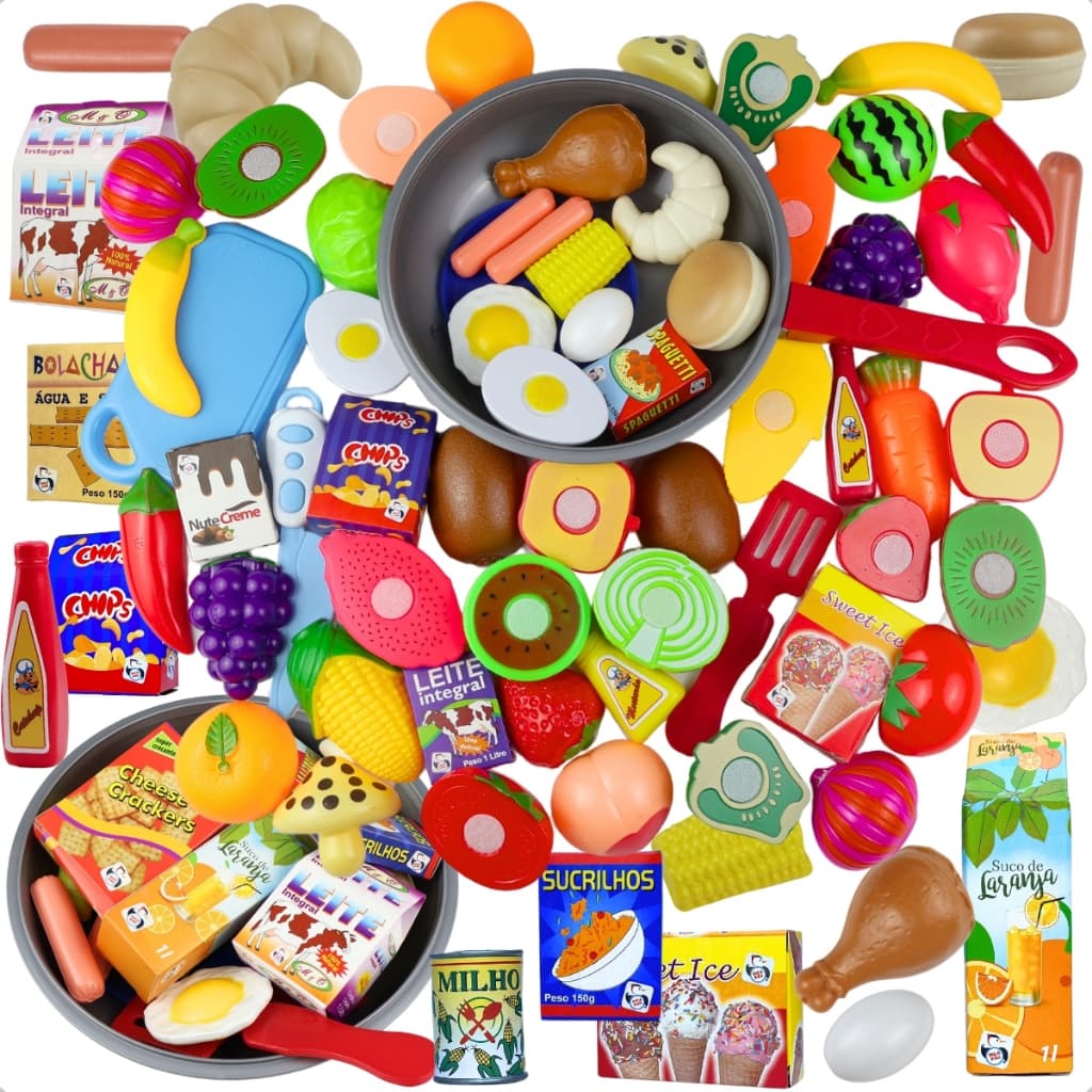 Kit De Comidinhas E Frigideira Infantil De Brinquedo + Frutas De Cortar Infantil 30 PEÇAS Comidinhas
