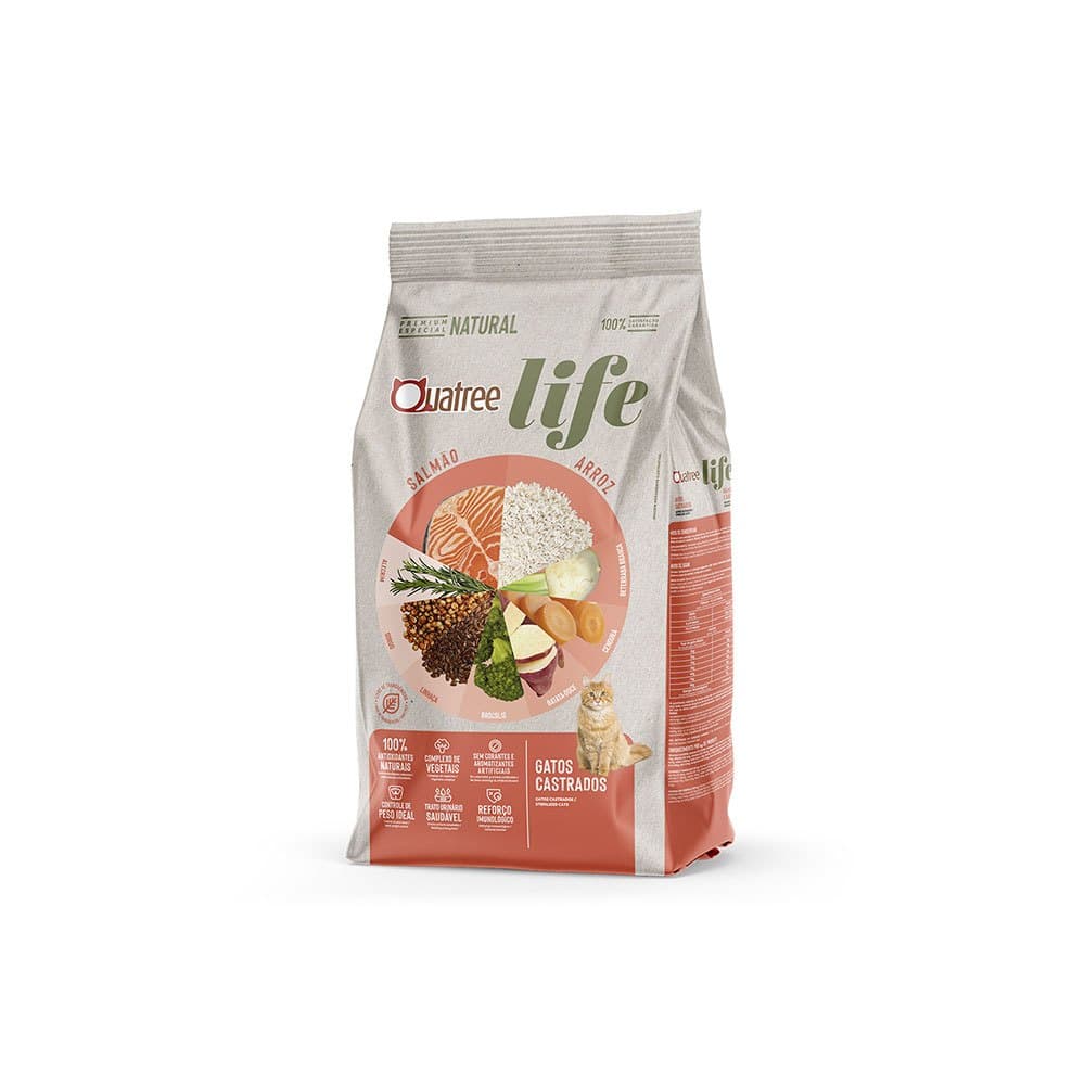 Ração Quatree Life para Gatos Castrados Sabor Salmão e Arroz 1KG