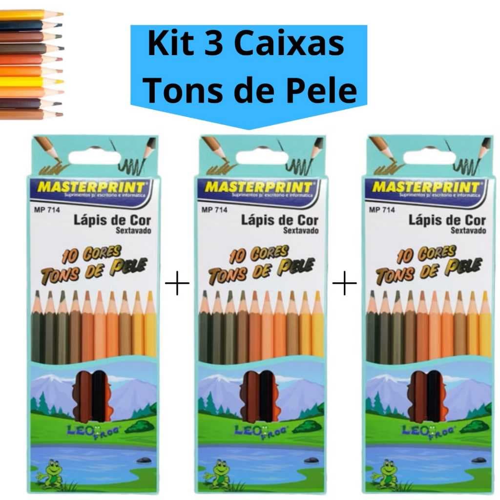 Kit 3 Caixas Lápis de Cor Tons de Pele 10 Cores Escolar Sextavado - Masterprint (30 Lápis de Cor)