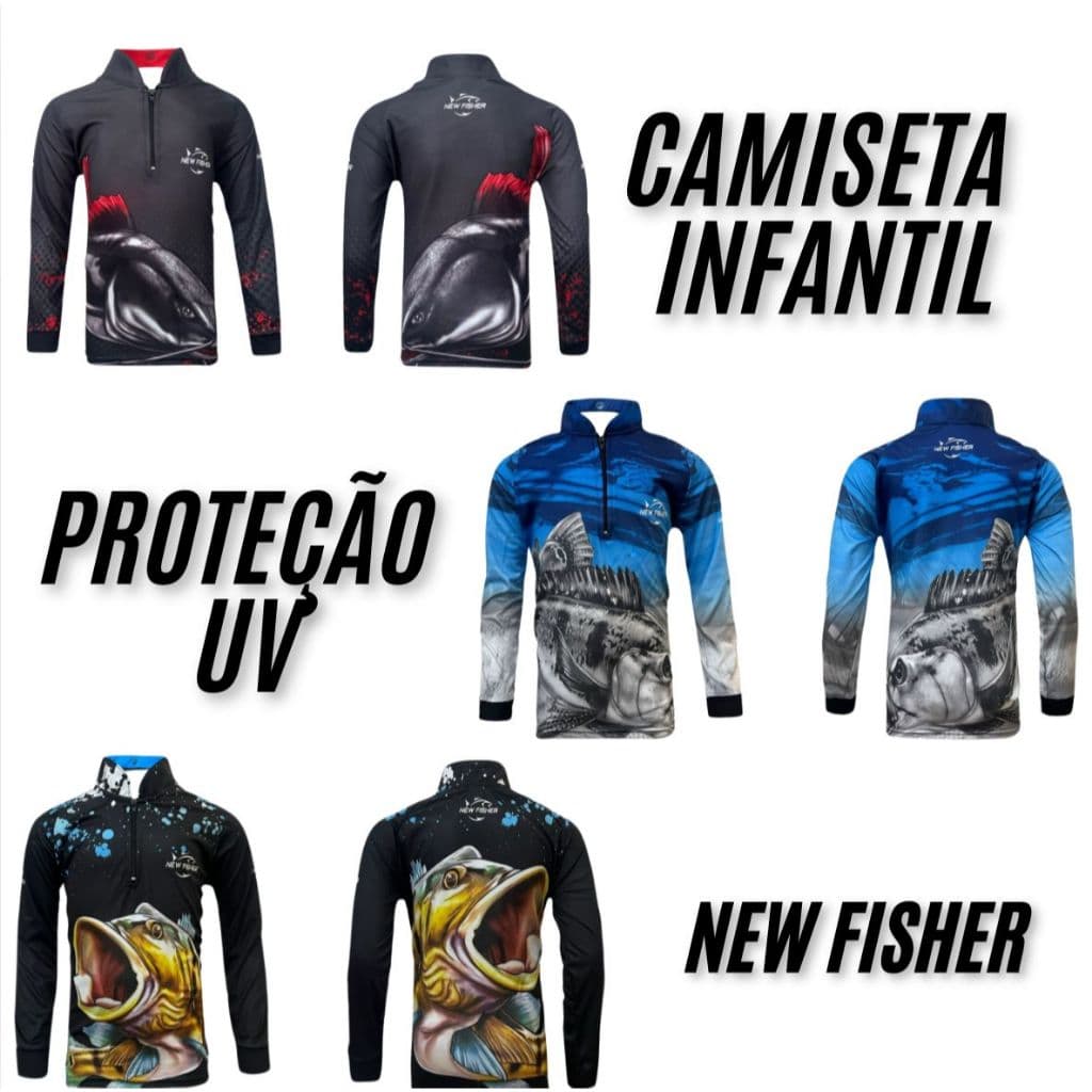 Camisa Camiseta de Pesca Infantil Gola Zíper Proteção Solar UV New Fisher